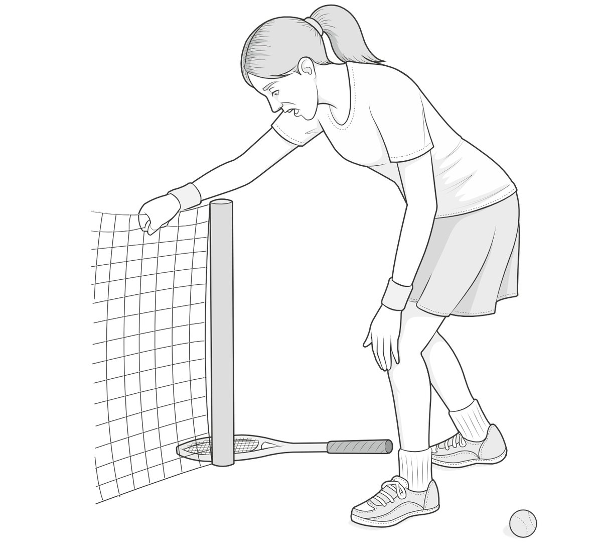 Illustration of a patient unable to continue tennis because of a painful 'catching' in her knee.