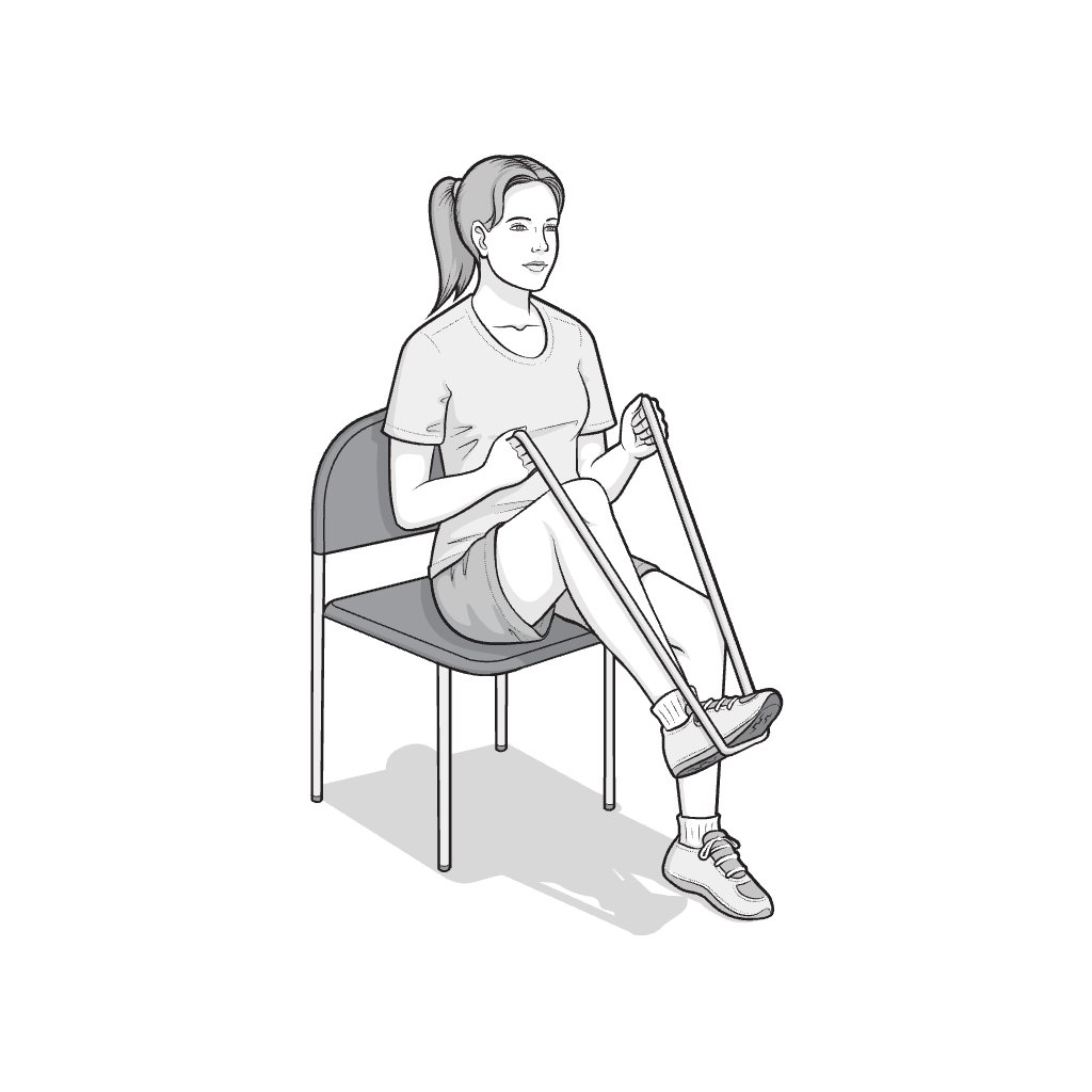 Illustration of a seated patient holding both ends of an elastic resistance band looped around the foot, and the leg flexed.