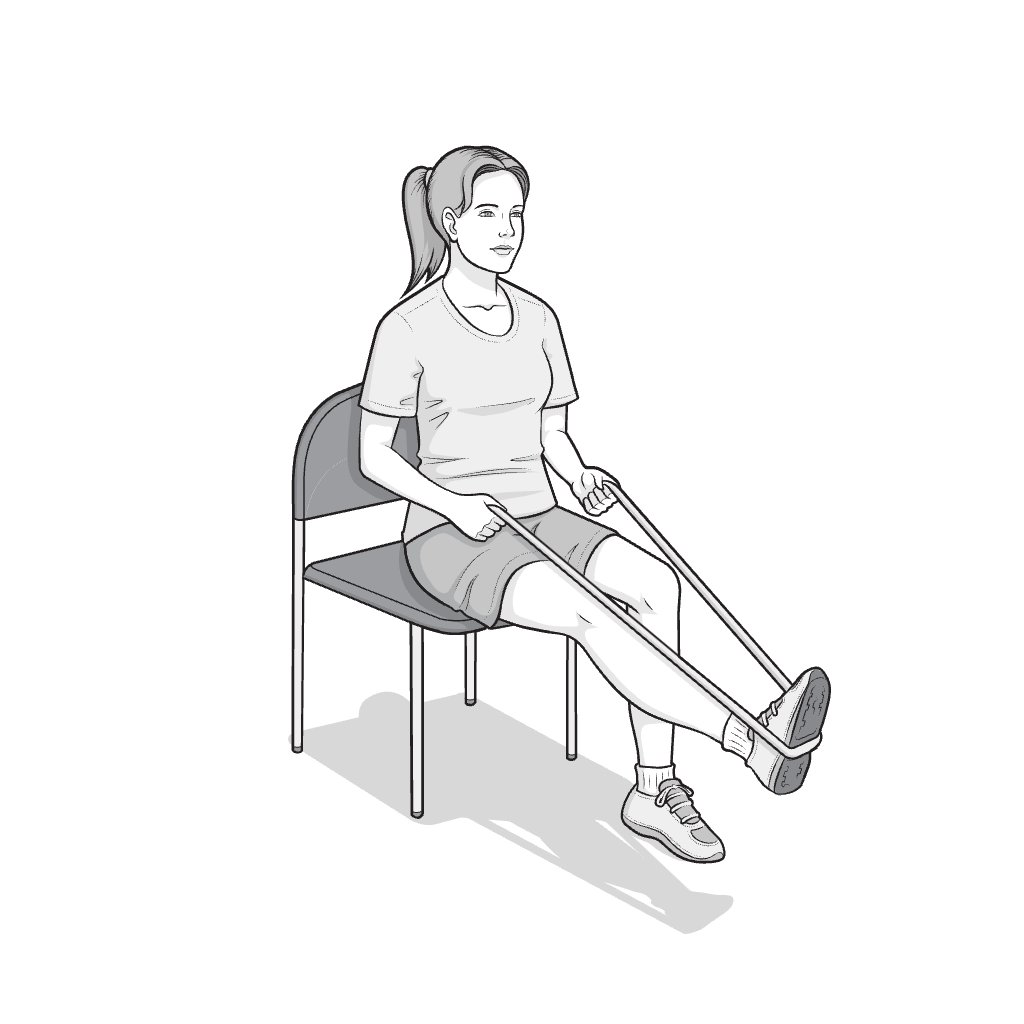 Illustration of a patient extending the leg against the resistance of the elastic band.