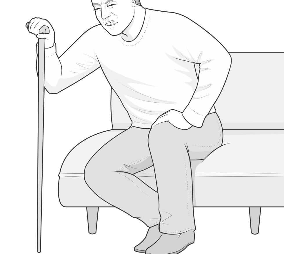 Patient struggling to stand up because of pain in the knee at rest.