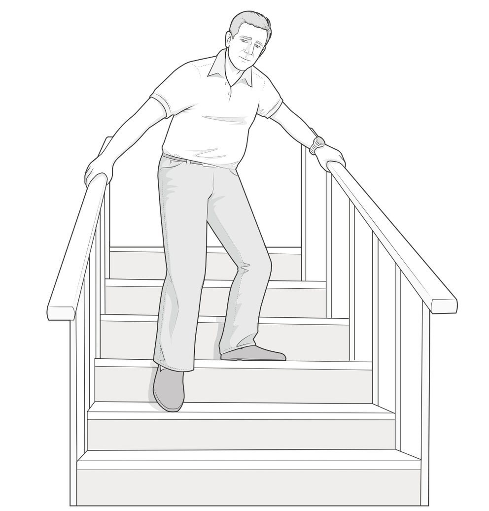 Illustration of man descending stairs, one step at a time.