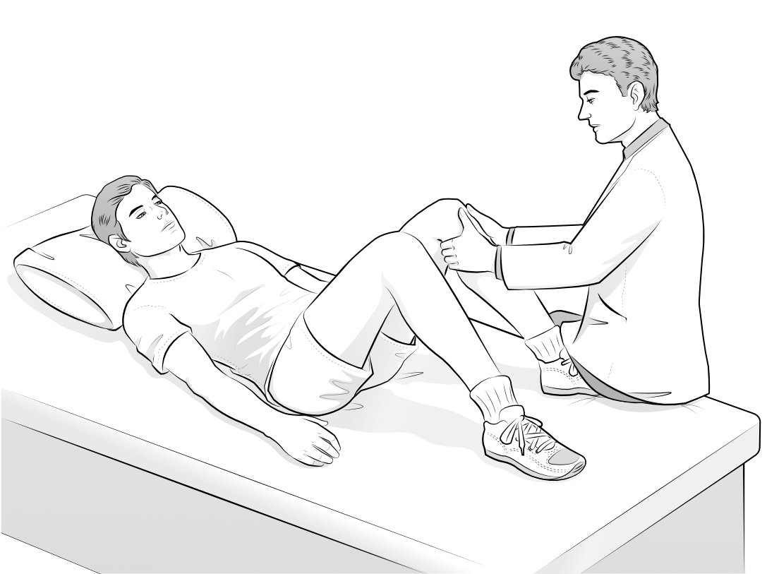 Illustration of patient lying on their back on a plinth, with the knees bent at right angles, and the examiner sitting on the one foot, grasping the tibia at the top.